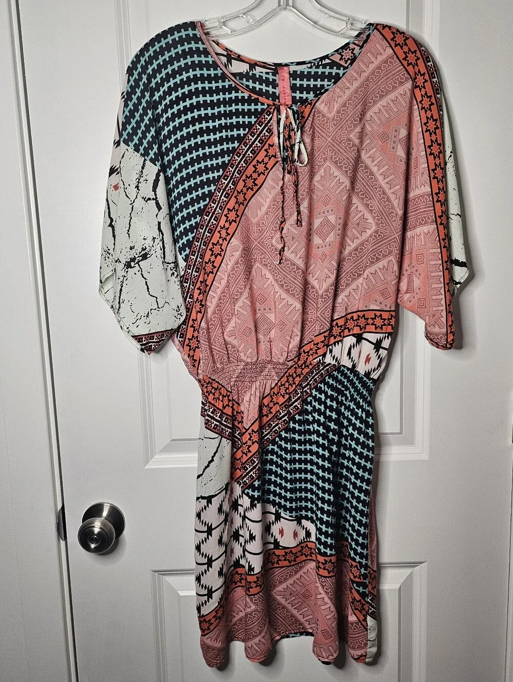 Eight Sixty Multi-Print Midi Dress in Coral, Teal, Cream - Picture 4 of 14